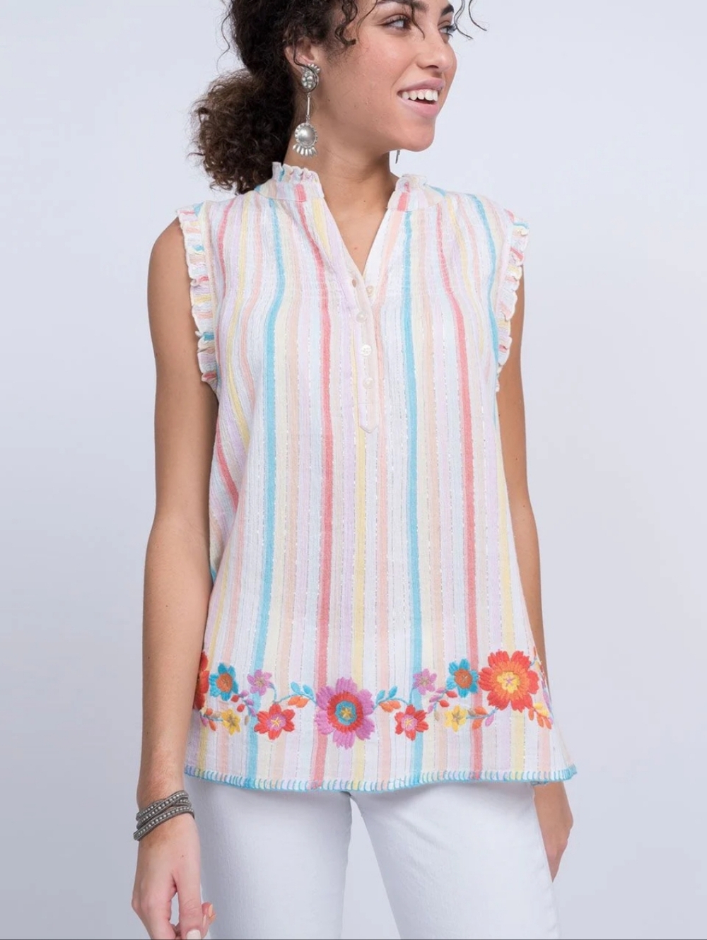 Ivy Jane Fresh Air Floral Embroidered Ruffle Sleeveless Top S Rainbow Striped